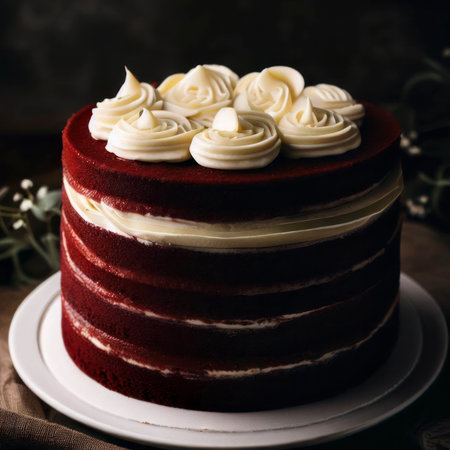 Traditional classic chocolate red velvet cake decorated with frosting, food photography, generative AI illustrationの素材
