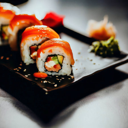 Beautifully plated sushi roll on a dark background, dramatic lighting, food photography, generative AI illustrationの素材