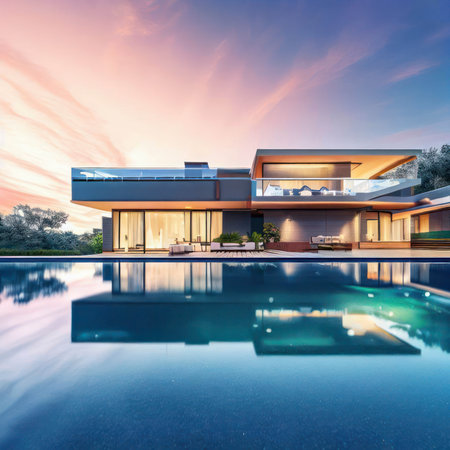 Ultra wide angle view of a modern villa and a luxurious infinity pool with a reflection of a sunset sky, residential architecture, generative AIの素材