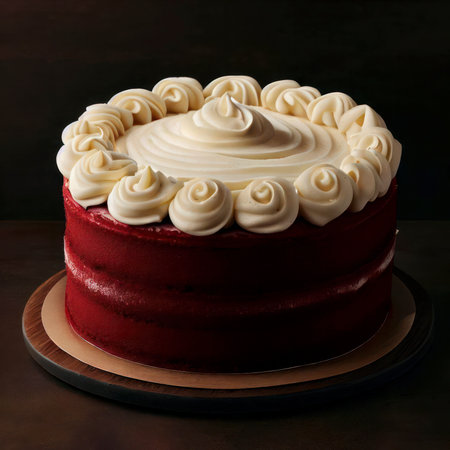 Traditional classic chocolate red velvet cake decorated with frosting, food photography, generative AI illustrationの素材