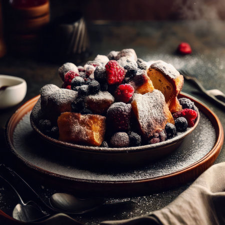 Tasty bread pudding with berries, dusted with powdered confectioners sugar in a pan, food photography, generative AIの素材