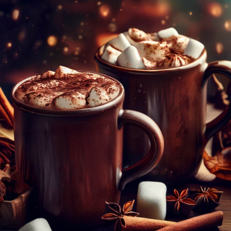 Mugs of hot chocolate or cocoa with marshmallow and spices, festive fall and winter Christmas hot drink, food photography, generative AI illustrationの素材