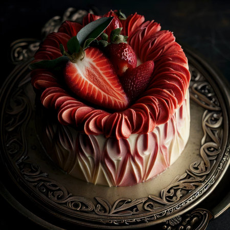 Ornate strawberry mascarpone cheesecake, party dessert, food photography, photorealistic generative AI illustrationの素材