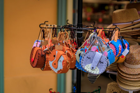Cute felt animal themed bags on display at a local souvenir shop in Cours Saleya in Old Town,...