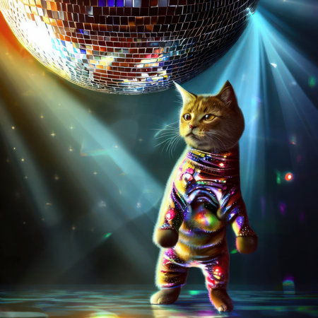 A cat wearing a disco outfit standing underneath a disco ball, digital art, generative AI illustrationの素材