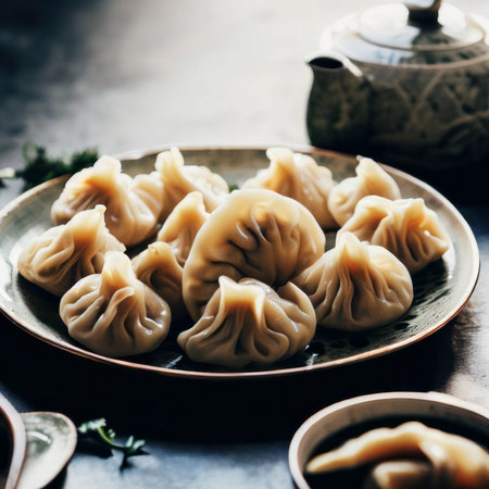 Beautifully plated Chinese dumplings on a dark table, food photography and illustrationの素材