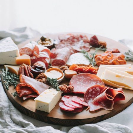 Food charcuterie board with cured meats prosciutto, salami, hard and soft cheeses, crackers and pickled vegetables, food photography and illustrationの素材