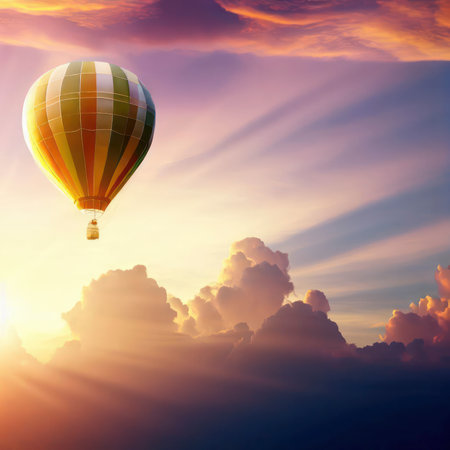 Hot air balloon in the sunset evening sky with colorful clouds, copy space, generative AIの素材