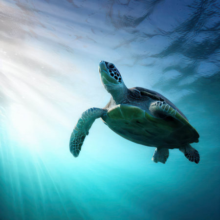 Sea turtle underneath the turquoise water in the ocean, sunlight shining through from above, generative AIの素材