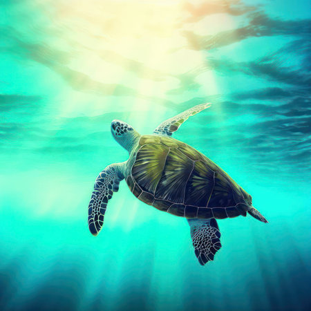 Sea turtle underneath the turquoise water in the ocean, sunlight shining through from above, generative AIの素材