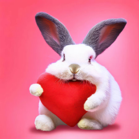 Cute fluffy rabbit hugging a red heart, Valentine s Day greetings from romantic bunny holding heart, generative AIの素材