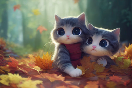 Adorable kittens in an autumn forest, with fallen leaves on the ground, generative AIの素材