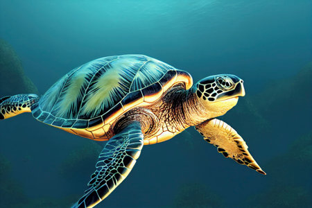 Sea turtle underneath the turquoise water in the ocean, sunlight shining through from above, generative AIの素材
