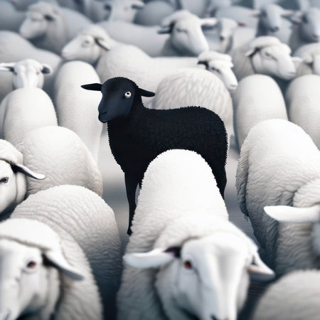 A flock of white sheep with a black sheep in the middle, being different, individuality, generative aiの素材