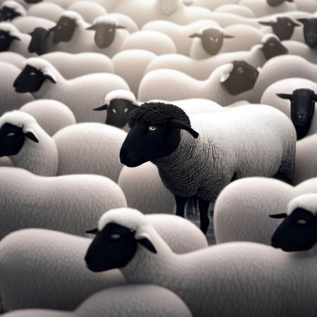 A flock of white sheep with a black sheep in the middle, being different, individuality, generative aiの素材