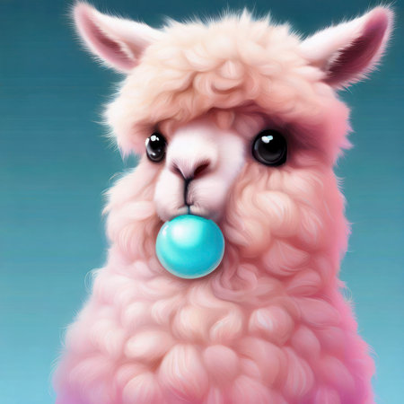Fluffy adorable llama chewing and blowing a bubblegum bubble, generative aiの素材