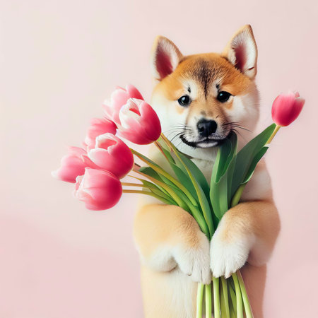 Cute shiba inu puppy holds bouquet of tulips over a light background, postcard for Valentine s day, Mother s day or Birthday, generative aiの素材