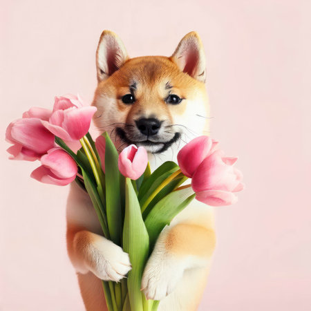 Cute shiba inu puppy holds bouquet of tulips over a light background, postcard for Valentine s day, Mother s day or Birthday, generative aiの素材