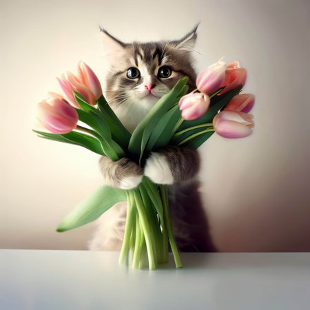 Cute fluffy cat holds bouquet of tulips over a light background, postcard for Valentine s day, Mother s day or Birthday, generative aiの素材