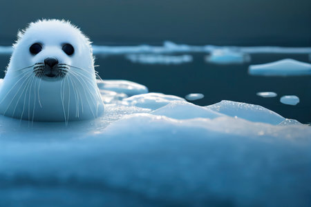 Cute white baby harp seal pup laying on the blue ice by the cold water, generative AIの素材