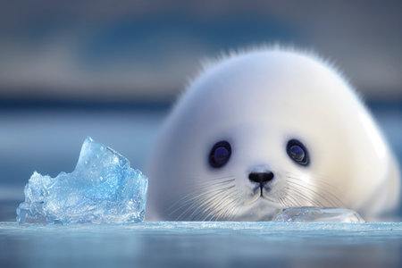 Cute white baby harp seal pup laying on the blue ice by the cold water, generative AIの素材