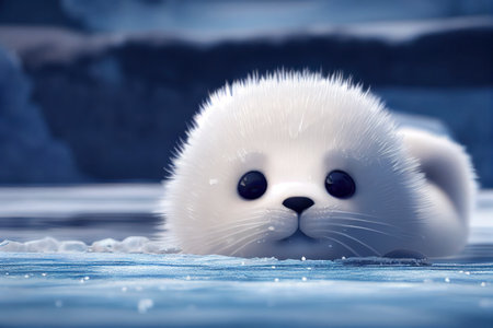 Cute white baby harp seal pup laying on the blue ice by the cold water, generative AIの素材