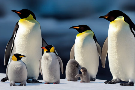 Cute Emperor Penguin family, a couple of adult penguins with a small fluffy baby penguin, on snowy Antarctic landscape, generative aiの素材