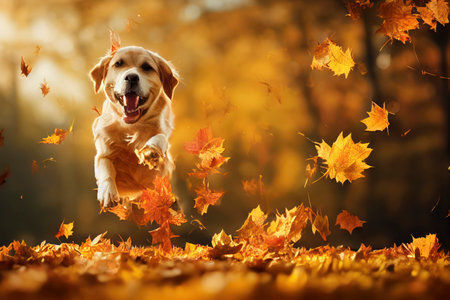 Happy golden labrador dog jumping through fallen leaves in an autumn sunlight in the park, generative AIの素材