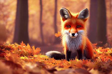 Cute red fox with a bushy tail in a bright colorful fall forest, beautiful animal in a natural habitat, generative aiの素材