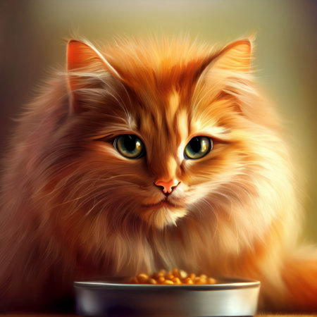 Orange fluffy cat sitting in front of a bowl of food, generative AIの素材