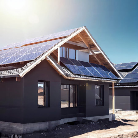 New modern home with solar panels on the roof under a bright sky, generative AIの素材