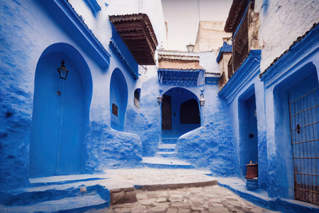 Old houses an a street in the famous Chefchaouen Blue Town in Morocco, generative AIの素材