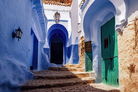 Old houses an a street in the famous Chefchaouen Blue Town in Morocco, generative AIの素材