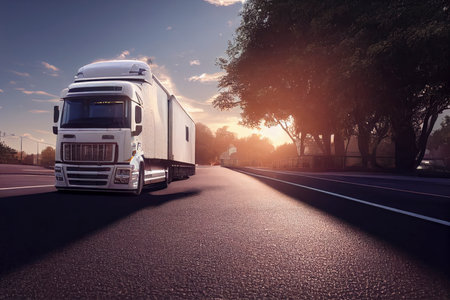 Futuristic self driving truck on the road, concept, generative AIの素材