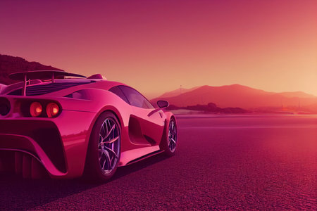 Red exotic sports car in California on a summer ride along the Pacific Ocean the beach at sunset, generative AIの素材