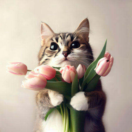 Cute fluffy cat holds bouquet of tulips over a light background, postcard for Valentine s day, Mother s day or Birthday, generative aiの素材