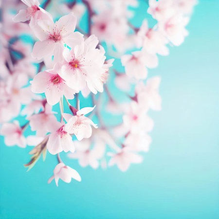 Spring sakura cherry blossom turquoise background, nature concept, Valentine's Day, Easter, Birthday, Women's Day, Mother's Day, generative aiの素材