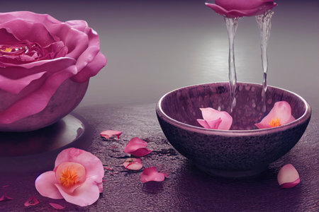 Rose bud and petals in a bowl with clear water, spa concept, relaxation, zen, generative AI illustrationの素材
