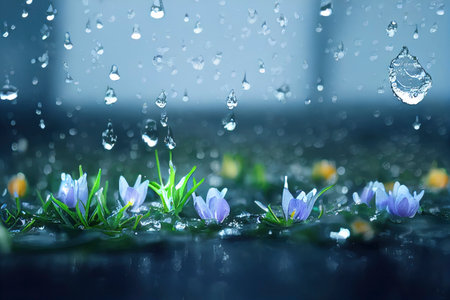 Blue spring crocus flowers with rain drops in the background, Valentine's Day, Easter, Birthday, Women's Day, Mother's Day, generative aiの素材