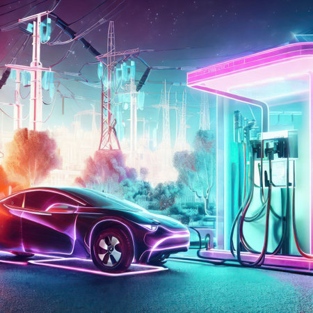 Electric car charging at a station in the city, industrial landscape, neon elements, eco concept, generative AIの素材