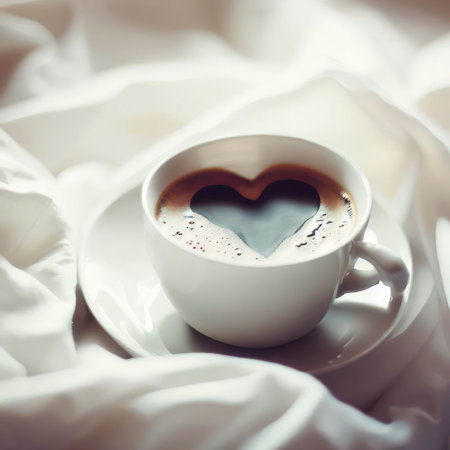 Hot coffee with a heart pattern on top on a light fabric, light and airy, generative aiの素材