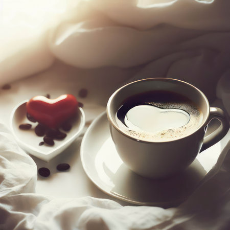 Hot coffee with a heart pattern on top on a light fabric, light and airy, generative aiの素材