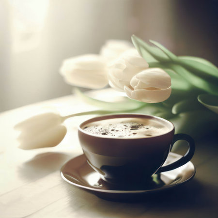 Hot coffee in a cup and tulips on the table, light and airy, generative aiの素材