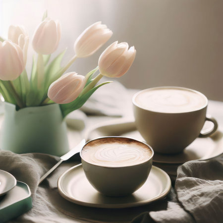 Cups of hot coffee and tulips on the table, light and airy, generative aiの素材
