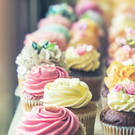 Colorful delicious cupcakes decorated with frosting for Mother's day or birthday, generative aiの素材