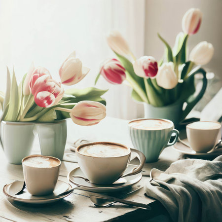 Cups of hot coffee and tulips on the table, light and airy, generative aiの素材