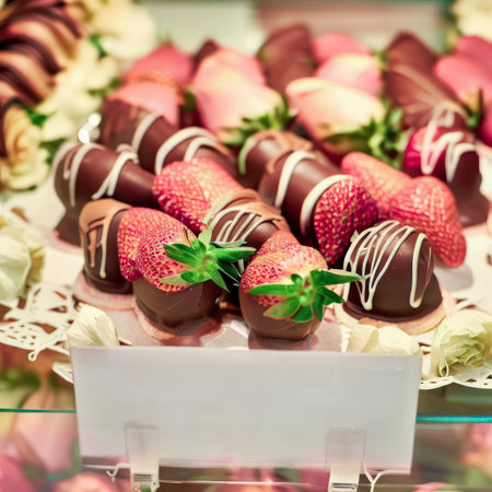 Delicious chocolate covered strawberries on display at a shop, Birthday, Valentine's Day, Mother's Day, generative aiの素材