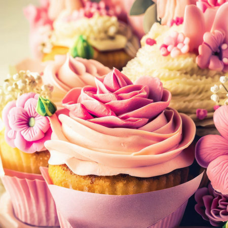 Colorful delicious cupcakes decorated with frosting for Mother's day or birthday, generative aiの素材