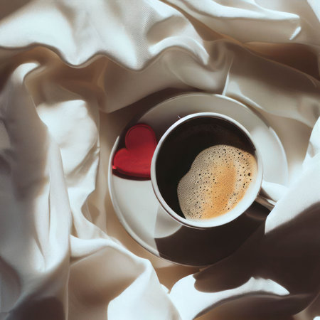Hot coffee with a heart shaped cookie on a light fabric, light and airy, generative aiの素材