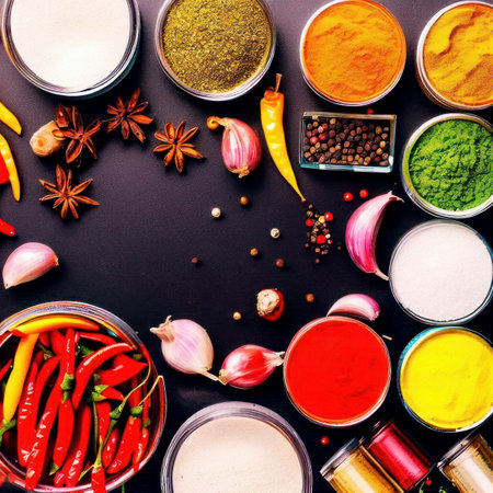 Colorful spices and condiments for cooking on a black background, top down view, flat lay, food photography, generative AIの素材